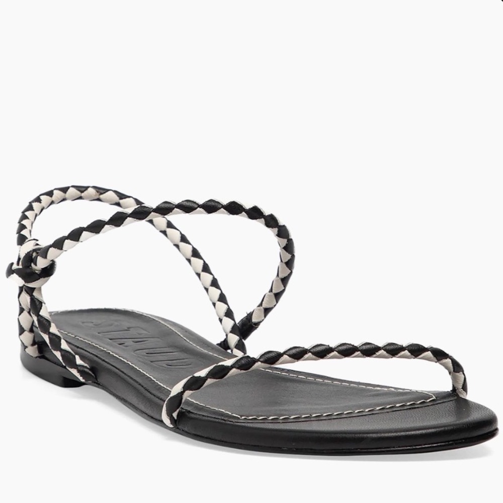 Staud Laurel Woven Theater Sandals Black White Leather Strappy Flats New! - Picture 1 of 11